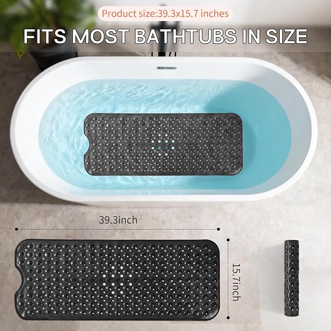 Anti-Slip Bathtub Shower mat, 39.3×15.7 inch（Approximately 100 × 40cm） Soft Oversized Machine Washable Non-Slip Bathtub mat with Drainage Holes, Bathroom Floor Suction Cup.（1-Opaque Black） - Image 3
