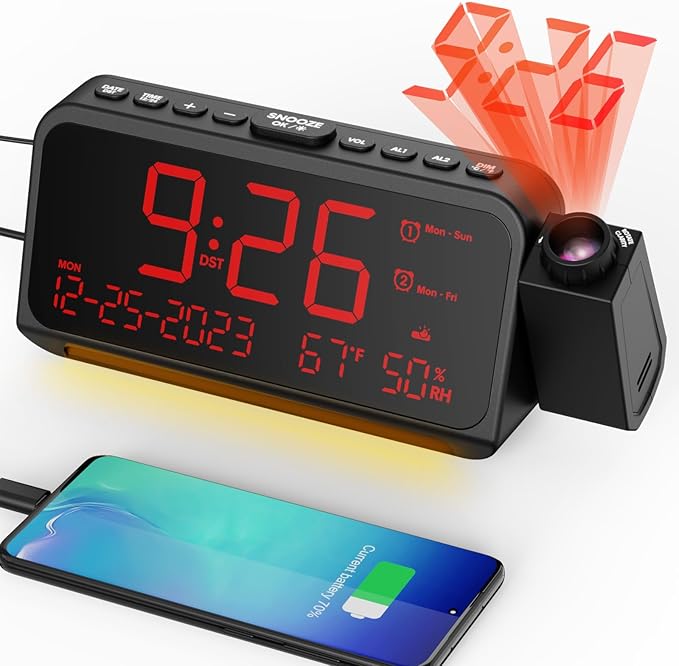 Projection Alarm Clock for Bedroom Ceiling, Digital Clock Projector with Weekday/Weekend Mode, Date, Temperature, Humidity, Type-C USB Charger, Night Light, Dual Alarms, DST, Dimmer,12/24H by Mesqool
