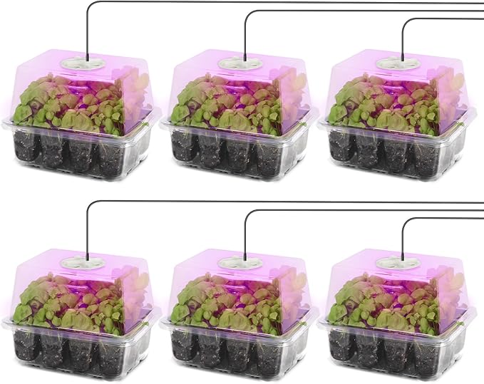 MIXC Seed Starter Kit with Grow Light, Elevated Seedling Tray Kit with Adjustable Humidity Dome and Clear Cell Tray, 12 Full Spectrum Led Beads for Seed Starting Greenhouse, 6 Pack, Transparent by MIXC