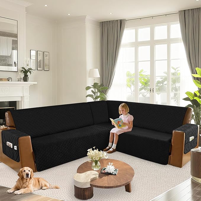 Arfntevss Waterproof Sectional Couch Covers L Shape Washable Velvet Sofa Cover for Sectional Non Slip Large Corner Slipcovers Dog 6 Pcs Universal U Shaped Furniture Protector (Black, X-Large) - Image 6