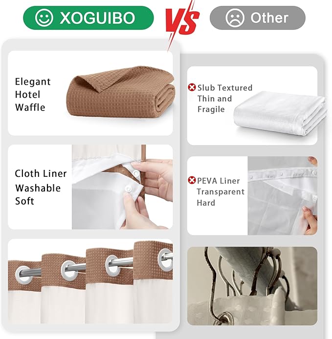 No Hook Shower Curtain and Liner Set,Mocha Brown Hotel Waffle Shower Curtain with Liner 75" L x 72" W - Image 5