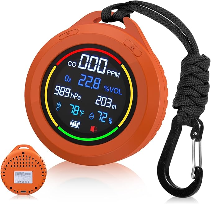 Oxygen Detector,SQECH 6-in-1 Air Oxygen Monitor Measures CO/O2/Temperature/Humidity/Altitude/Atmospheric Pressure,Portable Oxygen Monitor with Alarm & Color Backlight,for Indoor,Camping,RV,Travel by SQECH