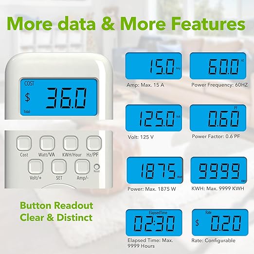 HBN Watt Meter Plug with Backlight, Plug-in Socket Power Meter Electricity Usage Monitor Consumption Home Electrical Energy Monitor, Voltage Amps Wattage Electricity Usage Tester, 9 Display Modes - Image 2