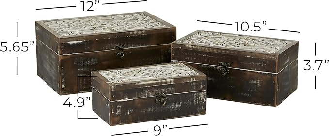 Deco 79 Wood Floral Handmade Decorative Box Decorative Keepsake Boxes with Hinged Lid, Set of 3 Storage Boxes 12", 11", 9"W, Brown - Image 6