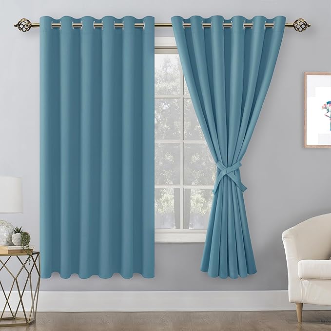 Hiasan Grommet Blackout Curtains for Bedroom, 70 x 63 Inches - Thermal Insulated & Light Blocking Window Drapes for Living Room/Dorm Room, Set of 2 Panels Sewn with Tiebacks, Stone Blue - Image 2