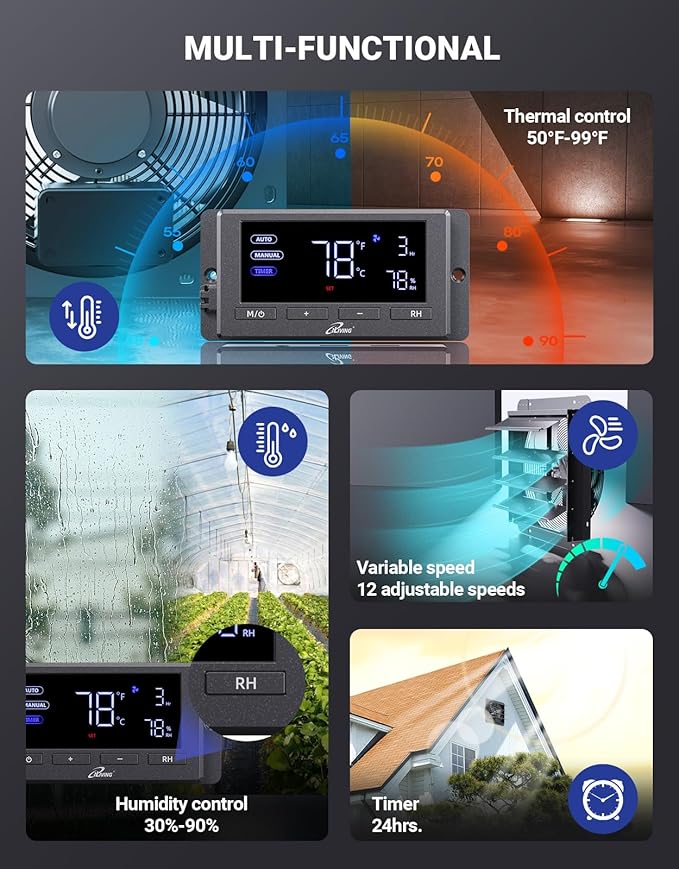 iLIVING 16" Wall Mounted Shutter Exhaust Fan, Automatic Shutter, Temperature and Humidity Controls with Variable Speed, 1736 CFM at 1600 RPM DC Motor - Image 4