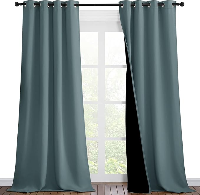NICETOWN Greyish Blue Blackout Curtains 90 inches Long, Full Light Blocking Drapes with Black Liner for Nursery, Thermal Insulated Draperies for Hall, Villa (2 Pieces, 46" Wide Each Panel) by NICETOWN