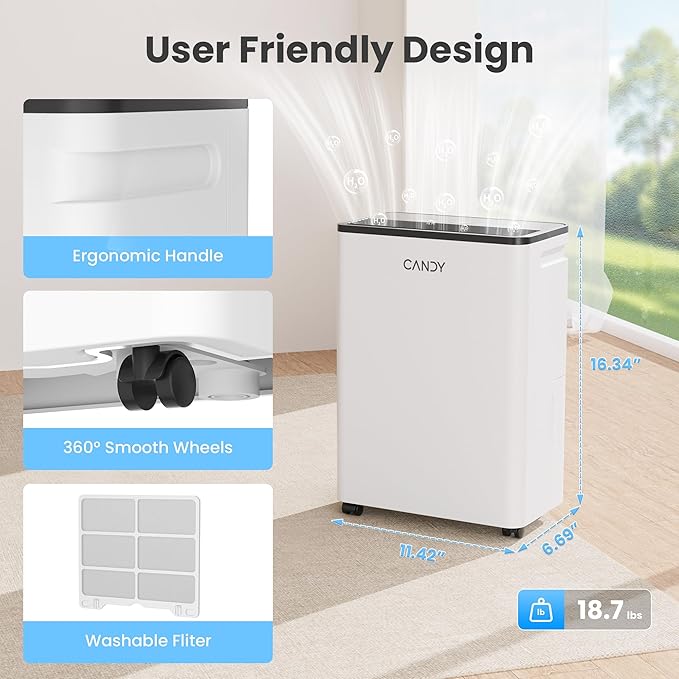 Candy 2000 Sq.Ft Dehumidifiers for Home, 34 Pints Portable Dehumidifier With Continuous/Auto Mode,0.66 Gal Tank, for Bedroom,Bathroom,Basement, Smart Control with Drian Hose Included - Image 7