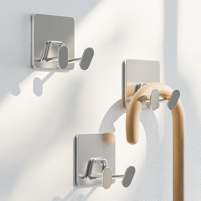 Adhesive Shower Hooks for Inside - Extra Sticky Stainless, Razor Holder Shower Accessories, Wall Mounted Self-Adhesive Double Hooks for Razor, Loofah, Towel, Shaver, Coat, Key, Silver, 4-Pack - Image 8