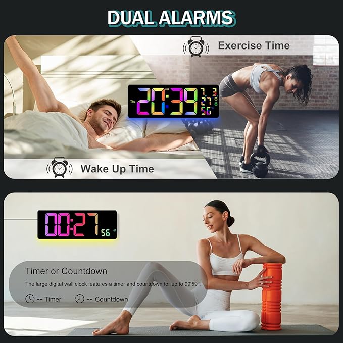 JoFomp 17.3" Large Digital Wall Clock, LED Digital Clock Large Display with Remote Control, Alarm Clock with Temp/DST/Dimmer/Humidity/Timer/Ambient Light - 12/24H, Alarm Wall Clock for Bedroom - Image 6