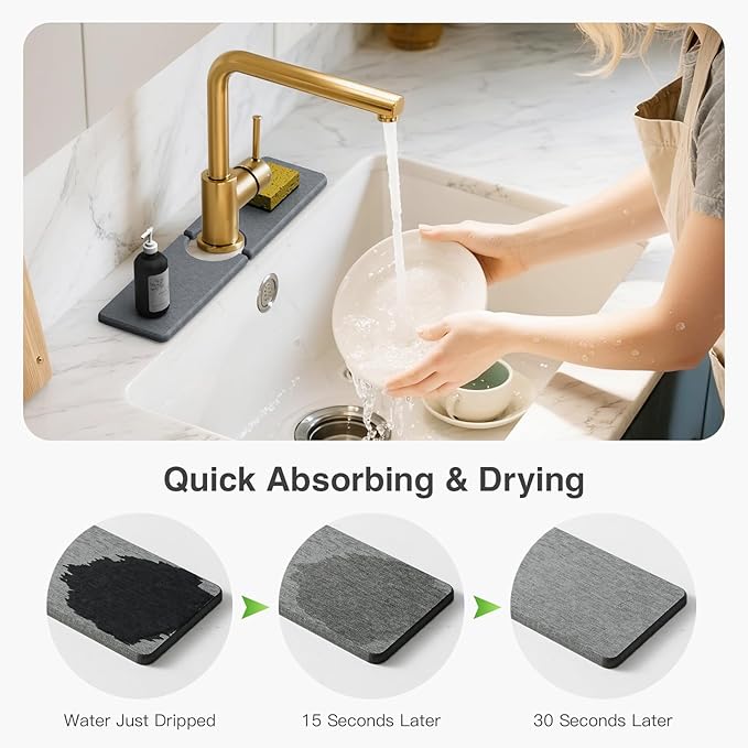 15.8" x 4" Stone Faucet Mat for Kitchen Sink, Quick Drying Diatomite Sink Tray, Faucet Sink Splash Guard for Prevents Moisture Buildup (Dark Gray) - Image 4