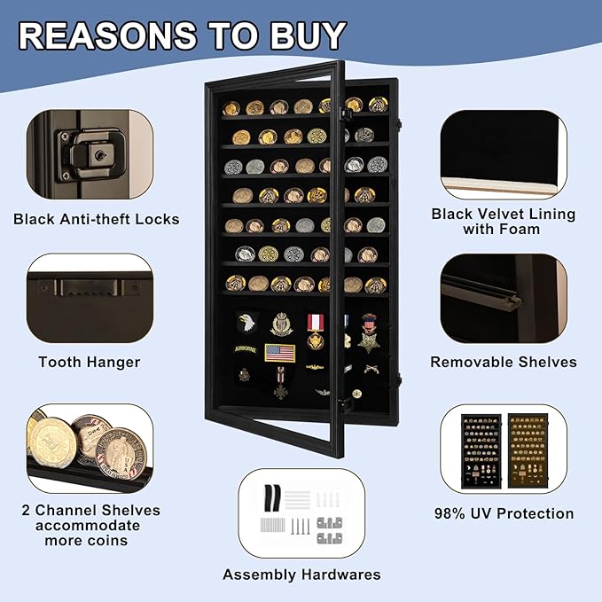 Jinchuan Military Challenge Coin Display Case Lockable Cabinet Holder Shadow Box with Removable 2 Grooves Shelves and Anti Fade Acrylic Glass for Casino Poker Chips Collectibles, Extra Large - Black - Image 5