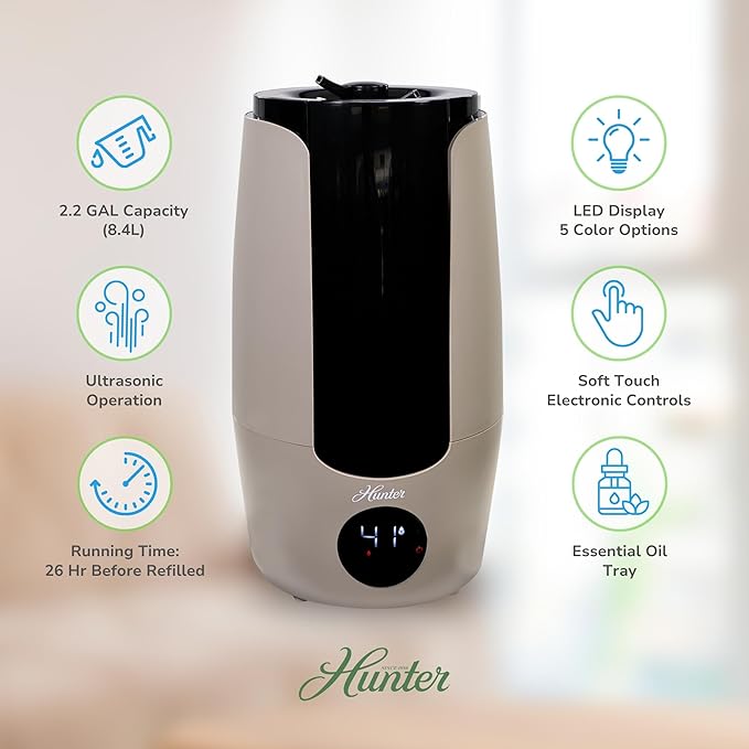 HHU400 Hunter Aspire Series Ultrasonic Humidifier (8.3L) - Vibration Technology Humidifier with Long Lasting Mist for Large Spaces - Extension Wand & 360 Degree Nozzle for Even Distribution - Taupe - Image 4