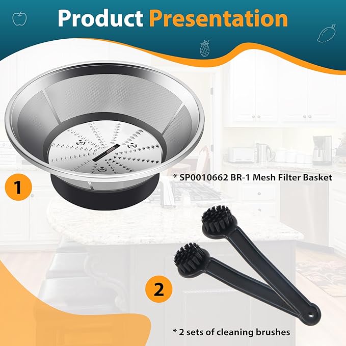 SP0010662 BR-1 Mesh Filter Basket with 2 Cleaning Brushes Compatible with Models JE95XL, JE98XL, BJE200XL Juicers - Detailing Cleaning Supplies Gadgets for Kitchen Appliances - Image 2