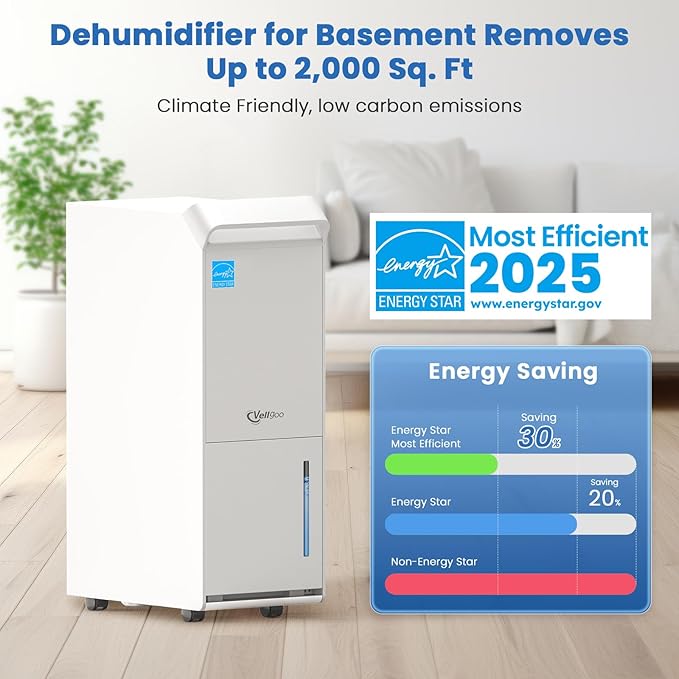 2000 Sq.Ft Most Efficient Energy Star 2025 Dehumidifier,Vellgoo 25 Pint/D Dehumidifier for basement with Drain Hose, Intelligent Humidity Control for Home,Bedroom, Bathroom - Image 2