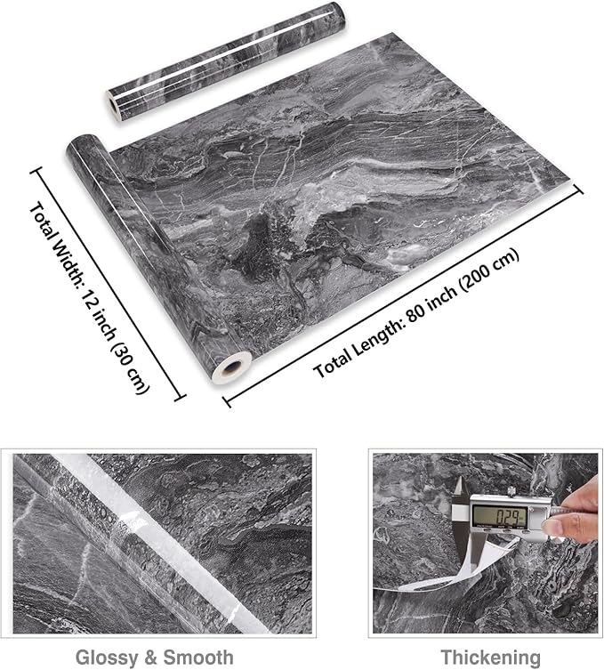 CRE8TIVE 12"x80" Glossy Dark Grey Silver Marble Contact Paper for Countertops Waterproof Marble Peel and Stick Wallpaper Removable Self Adhesive Countertop Contact Paper for Kitchen Bathroom Cabinets - Image 8