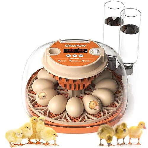 12 Egg Incubator, Automatic Turning with Temperature & Humidity Control, Egg Candler, 360 View with Air Vent, Auto Water Bottle Refill, Chicken Incubator for Hatching Eggs by GROPOW