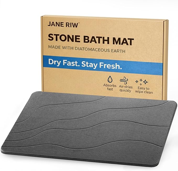 Stone Bath Mat for Shower Exit, Quick-Dry Diatomaceous Earth Bath Mat, New Apartment Essential & Housewarming Gift, 23.5" x 15.5" Dark Gray-Wave by JANERIW