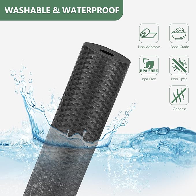 Shelf Liners, Non-Adhesive Drawer Liner, Waterproof & Oil-Proof Kitchen Cabinet Cupboard Liner Plastic EVA Material BPA Free Fridge Liner Mats Paper Protector for Shelves (Black/16in x 240in) - Image 2