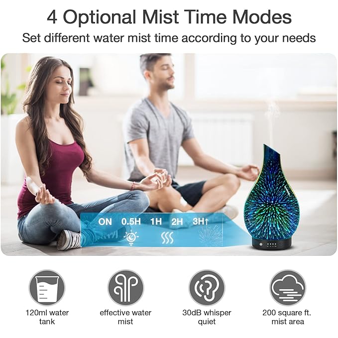 Essential Oil Diffuser 120ml Ultrasonic Aromatherapy Diffuser with Handmade Glass with Auto Shut-Off Protection 4 Timer Setting 7 Colors Changed LED Diffuser for Home Yoga Office Gifts for Women - Image 7