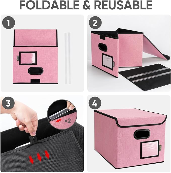 BALEINE File Organizer Box with Lid, Collapsible File Folder Organizer with Plastic Slide, Hanging File Folder Box for Office Document Storage (2 Pack, Pink) - Image 8