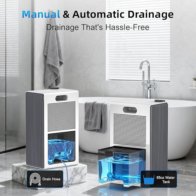 Dehumidifier for Home (85 OZ, 1000 sq ft) Small Dehumidifiers for Basement, Auto Shut-Off, Sleep Mode, 7 Color Light, Quiet Dehumidifier for Bedroom, Bathroom, Living Room with Drain Hose(White Grey) - Image 7