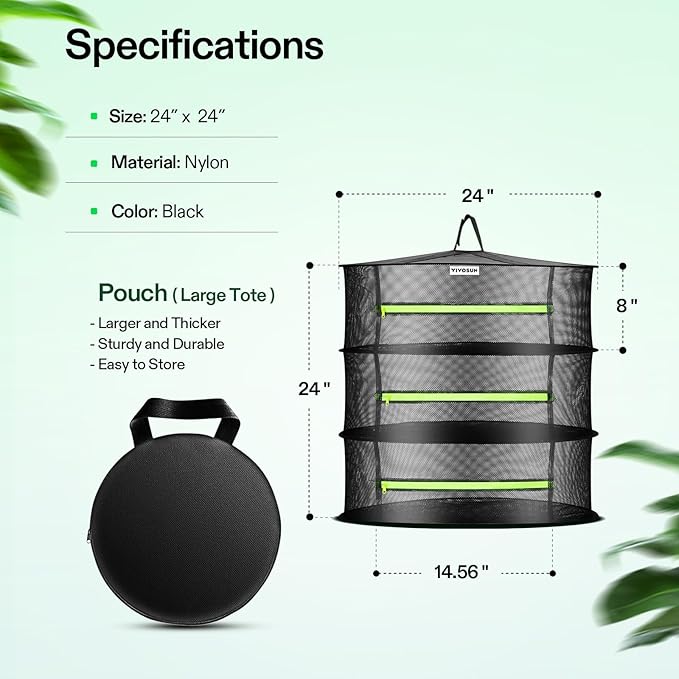 VIVOSUN 3-Layer Mesh Drying Rack Hanging Design with Green Zippers for Dehydrating, Indoor and Outdoor Pruning Shears Included - Image 2