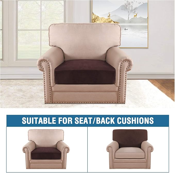 H.VERSAILTEX Velvet Stretch Couch Cushion Cover Plush Cushion Slipcover for Chair Cushion Furniture Protector Seat Cushion Sofa Cover (1 Piece Armchair Cushion Covers, Brown) - Image 3