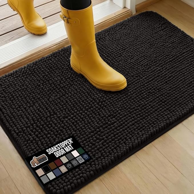 GORILLA GRIP SOAKSTOPPER Dog Door Mat, 36x24 Machine Washable Rug Absorbent Doormat Captures Moisture Mud Dirt, Quick Dry Soft Chenille Entryway Rugs Indoor Entrance Mats for Dog Paws, Black by GorillaGrip