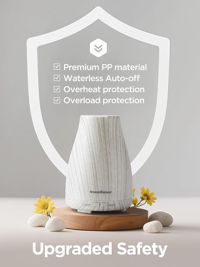 InnoGear Essential Oil Diffuser, Ultrasonic Diffusers for Home Aromatherapy Humidifier for Bedroom Room 7 Colors LED 2 Mist Mode Auto Off, White Grey - Image 5