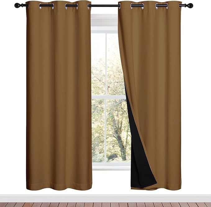 NICETOWN Full Shade Curtain Panels, 37" Wide x 70" Long, Gold Brown, Pair of Thermal Insulated & Energy Efficiency Blackout Drapes for Living Room, Lined Silky Performance Window Dressing by NICETOWN