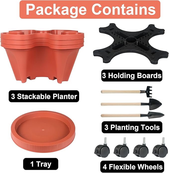 GameXcel Vertical Planter 3 Tier Stackable Planters Garden Planters Strawberry Herb Flower and Vegetable Planter Indoor Outdoor Gardening Pots with Removable Wheels and Tools - Image 8