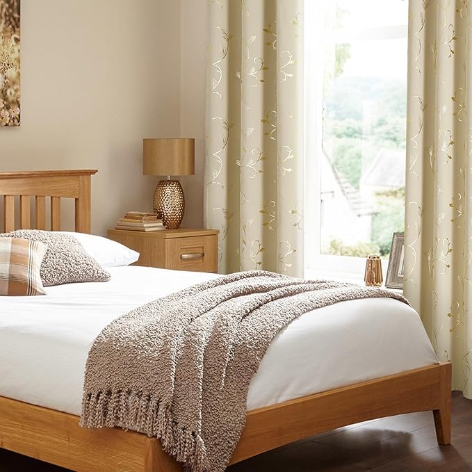 BUHUA Blackout Curtains Gold Foil Print Flower Vine Grommet Drapes, Room Darkening Thermal Insulated Curtains, Noise Reducing Blackout Curtain for Bedroom, Beige, 38Wx72L, 2 Panels - Image 3