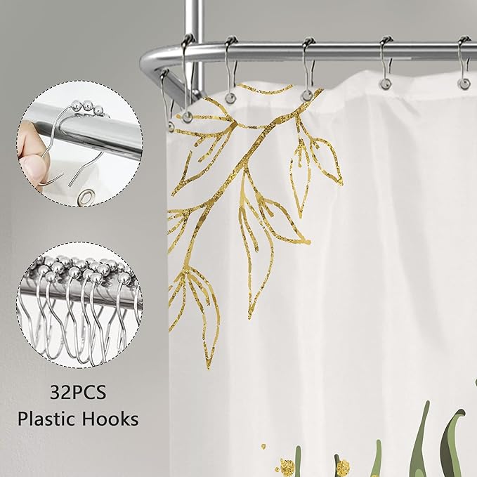 Extra Wide Boho Shower Curtain 180Wx70H Wrap Around Clawfoot Tub Curtain Sage Green Modern Bohemian Abstract Gold Leaves Mid Century Bathroom Decor Minimalist Bath Fabric Polyester 32 Pack Hook - Image 6
