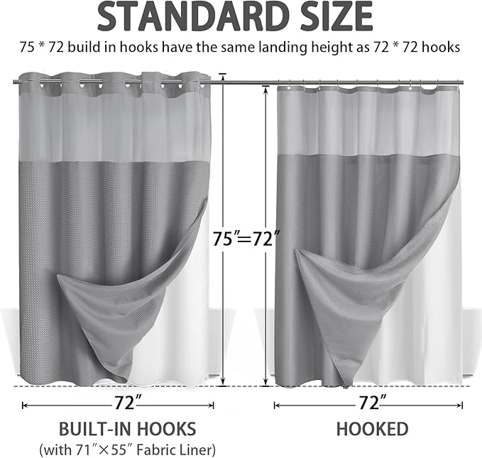 No Hook Shower Curtain and Liner Set,Grey Hotel Waffle Shower Curtain with Liner 75" L x 72" W - Image 6