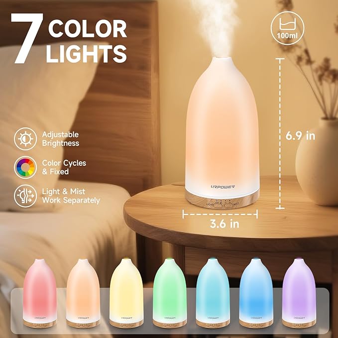 URPOWER Essential Oil Diffuser with 7 LED Color Changing Lights, Timer & Auto-Off - Ultrasonic Aromatherapy Fragrant Oil Humidifier Vaporizer Scent Diffusers for Home, Bedroom, Office, Yoga - Image 3