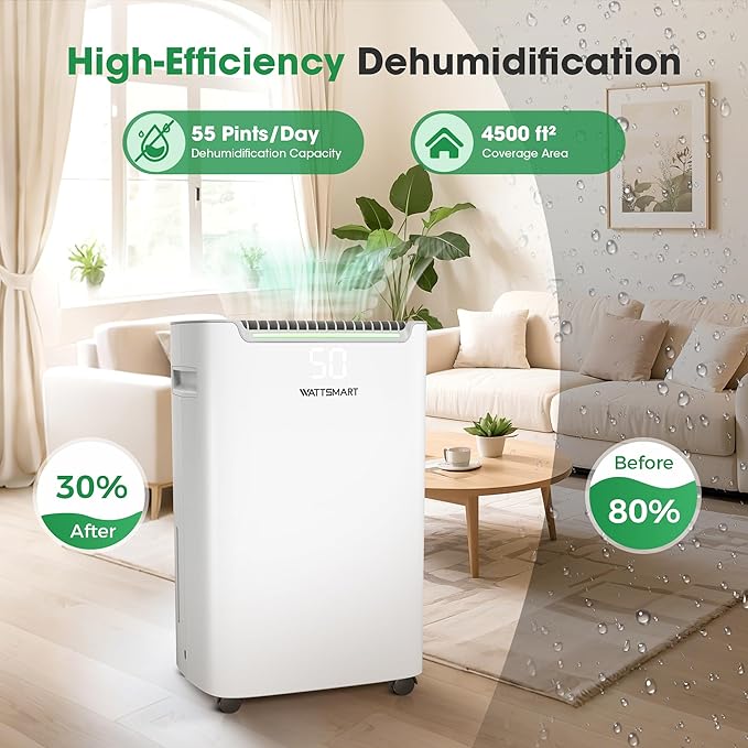Dehumidifiers for Home with Drain Hose,75 OZ Water Tank, 4500 Sq.Ft 55 Pints Dehumidifiers for Basement, Bathroom, Bedroom, Three Modes, Smart Humidity Control, Dry Clothes, 24H Timer, White - Image 3