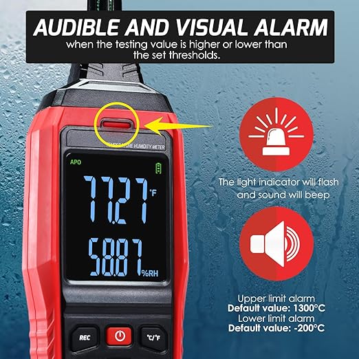 Humidity and Temperature Meter Data Logger Digital Psychrometer HVAC, Wet Bulb Thermometer Record 4000pcs Data and Export, Large LCD Humidity Tester Dew Point Meter with Indicator and Buzzer Alarm - Image 5