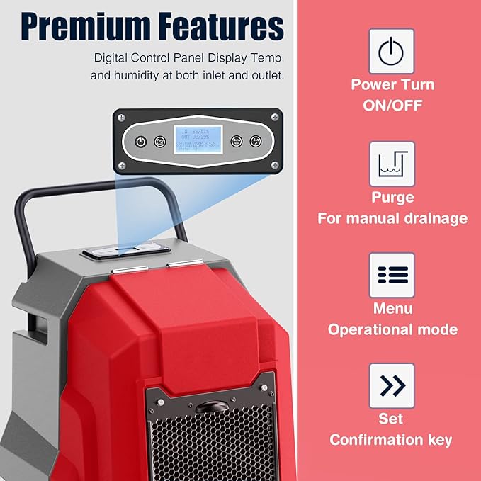 MOUNTO 180Pints Commercial Dehumidifier with Pump and Drain Hose, LGR Portable Dehumidifier with wheels for Home, Basements, Garages, and Job Sites. (Red) - Image 3