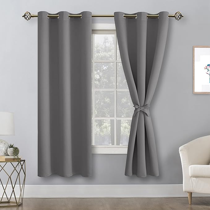 Hiasan Blackout Curtains for Bedroom, 42 x 63 Inches Length - Thermal Insulated & Light Blocking Window Curtains for Living Room, 2 Drape Panels Sewn with Tiebacks, Light Grey - Image 2