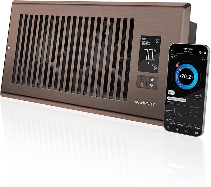AC Infinity AIRTAP T4 Bronze, Register Booster Fan for 4” x 10” Register Holes, Improves Heating & Cooling Vents, Quiet 10-Speeds, Bluetooth App Control Data Alerts. ONLY FITS 4” x 10” Duct Openings by ACInfinity