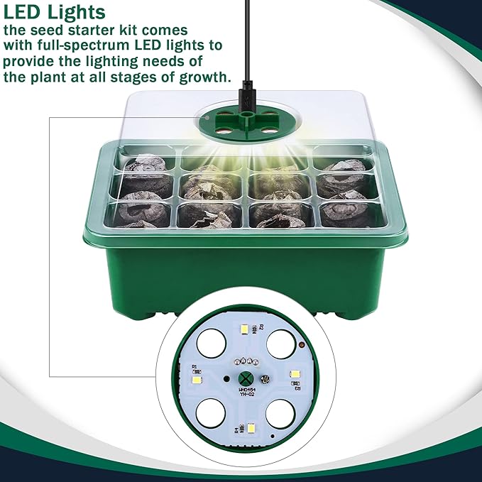 6 Pack Seed Starter Tray Kit with Grow Light and Humidity Dome Germination Trays, 72 Peat Pellets, Plant Labels, Gardening Tools, Green, Modern Style, 7.3 x 5.7 x 4.5 inches - Image 3