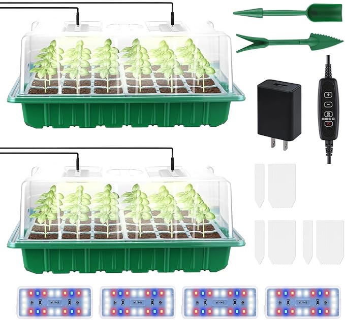 2 Packs Large Seed Starter Tray, Adjustable Brightness and Timer with 48 Full Spectrum LEDs, Seed Starter Kit with Drainage Holes, Tools and Labels for Indoor Plant Growing and Outdoor Gardening by RODINTOOfficial