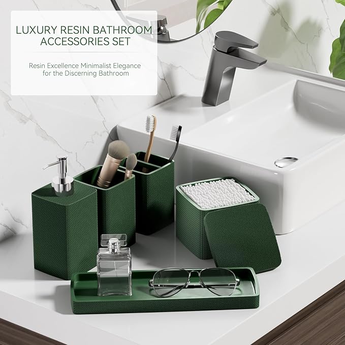 Dark Green Bathroom Accessories Set 5 Pieces, Resin Toothbrush Holders Set Complete with Soap Dispenser, Toothbrush Holder, Vanity Tray, Bathroom Tumbler and Qtip Holder for Small Spaces - Image 6