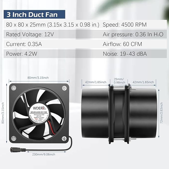 80mm x 25mm 3 Inch Duct Household Ventilation 12V Exhaust Fan with Speed Controller for DIY Greenhouse 3D Print Smoke Paint Fume Extractor-D8025 - Image 5
