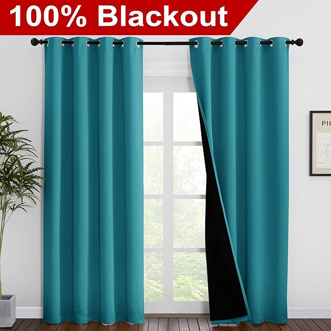 NICETOWN 100% Blackout Curtains 86 inches Long, Pair of Energy Smart & Noise Blocking Out Drapes for Baby Room Window, Thermal Insulated Guest Room Lined Window Dressing(Peacock Teal, 55 inches Wide) - Image 2