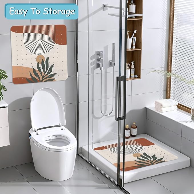 Leaves Square Anti Slip Shower Mats for Inside Shower Accessories, Boho Bath Mats for Bathroom Non Slip Shower Floor Mat Decor Rubber Bathmat with Suction and Drain Holes Machine Washable, 21″X21″ - Image 7