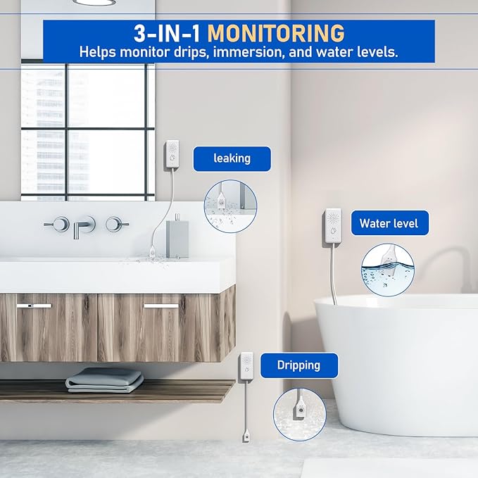 BSEED WiFi Water Leak Detector, Smart Water Sensor with Cable, 85dB Audio/App/SMS/Email Alarm, Rapid Leak Detection for Home, Kitchen, Bathroom, Basement, IP65 Waterproof, No Hub Required,1 Pack - Image 3