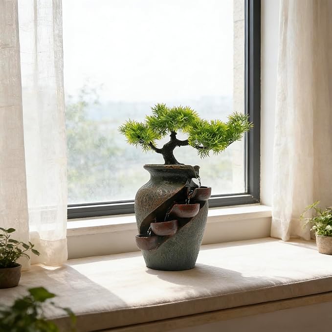 8.7inch Vase Type Artificial Bonsai Tree Fake Plant Mini Tabletop Waterfall Fountain with Water Flow, Indoor Desktop Decoration for Office Restaurant Coffee Home Decor or Festival Birthday Surprise - Image 8
