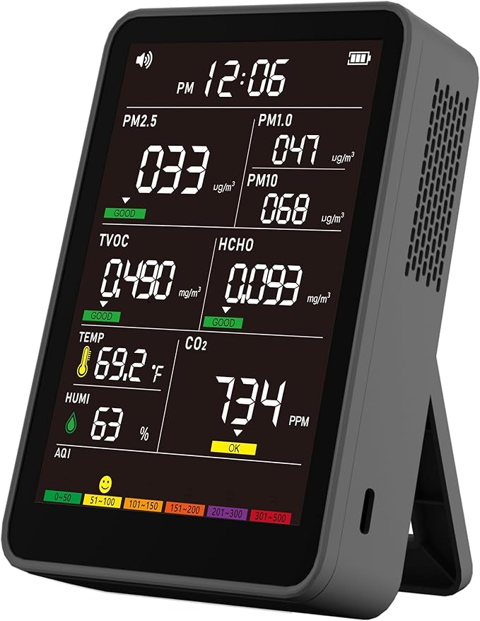 Professional Indoor Air Quality Monitor with AQI, Portable Real-Time Detector for Home Cars Plants and Pets (Black) - Image 9